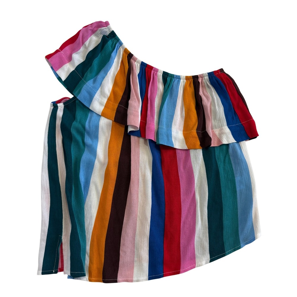 Gibson One Shoulder Ruffle Blouse Multi Color Striped Top Sz PXS Petite XS